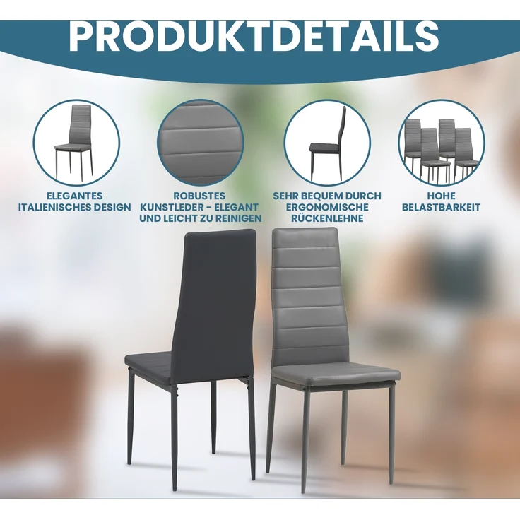 Albatros Esszimmerstühle MILANO 6er Set, Grau - Polsterstuhl mit Kunstleder-Bezug, Modernes Stilvolles Design am Esstisch - Küchenstuhl oder Stuhl Esszimmer mit hoher Belastbarkeit bis 110kg – Bild 2