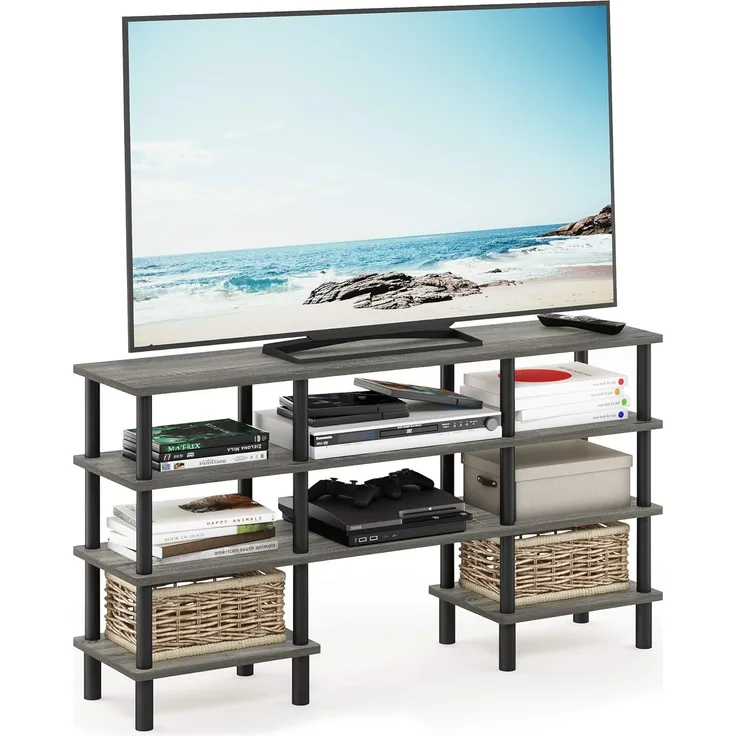 Furinno Mehrzweck-TV-Regal mit 4 Ebenen, Französische Eiche Grau/Schwarz, 29. 49x119. 9x68. 4 cm