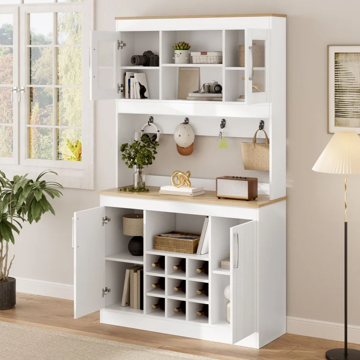 EINHOM Küchenbuffet Buffetschrank mit Aufsatz 175 cm, Küchenschrank mit Glastüren, Weinregal und Hakenleiste, Großer Geschirrschrank Vorratsschrank Küchenschrank für Küche Esszimmer Wohnzimmer – Bild 5