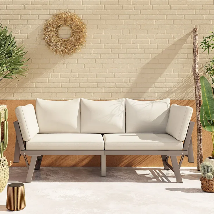 Merax Gartenmöbel-Set, Outdoorsofa, 3-Sitzer-Sofa, Gartensofa mit Liegefunktion, Sonnenliege Gartenliege mit Auflagen und klappbaren Armlehne, Gartencouch, Beige