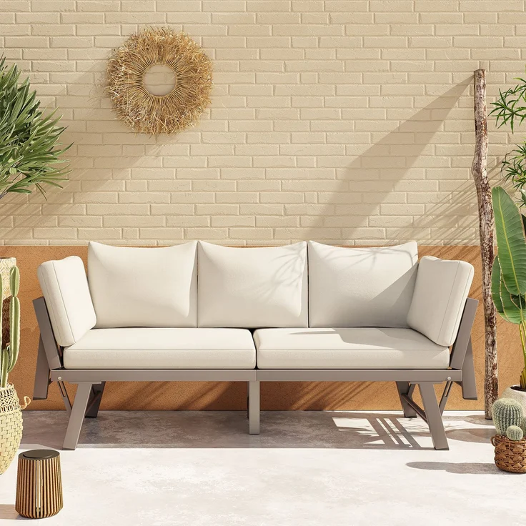 Merax Gartenmöbel-Set, Outdoorsofa, 3-Sitzer-Sofa, Gartensofa mit Liegefunktion, Sonnenliege Gartenliege mit Auflagen und klappbaren Armlehne, Gartencouch, Beige – Bild 1