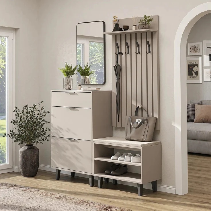 Roomart NORD Garderobenset 4-teilig – Schuhschrank, Sitzbank, Garderobenpaneel 130 cm & Spiegel – Flurgarderobe – H 112 x B 73.6 x T 35 cm (Schuhschrank) • Beige – Bild 1