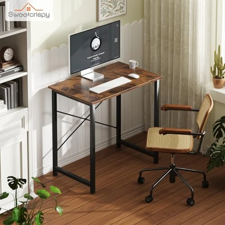 Sweetcrispy Schreibtisch, Kleiner Tisch 80 x 50 x 75.4cm (31in), Computertisch Metallgestell‌, Bürotisch für Arbeitszimmer, Schlafzimmer, Wohnzimmer, Study Table Desk, Braun – Bild 4