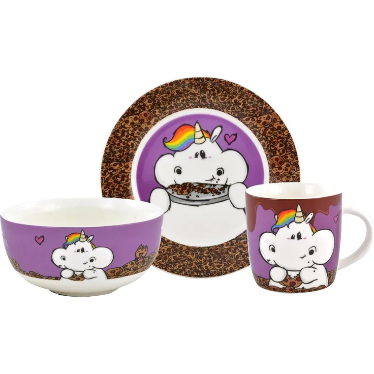 United Labels® Frühstücks-Geschirrset Pummel & Friends - Pummeleinhorn - Ich bin nicht dick - 3-teilig, 1 Personen, Porzellan
