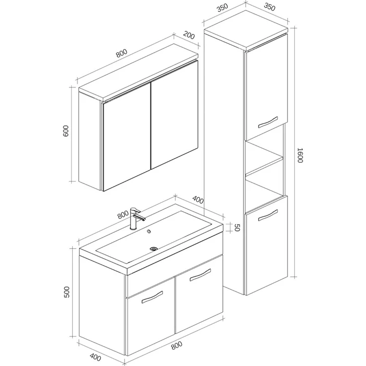 Badplaats Badezimmermöbel Set Paso 80 x 40 cm – Dunkelgrau – Waschtischunterschrank mit Spiegelschrank und Seitenschrank – Bild 5