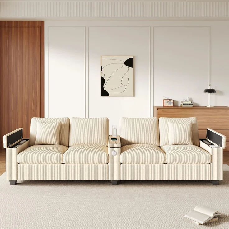 Big-Sofa mit Mehrfachsteckdosen und Stauraum, USB und Type-C, 4-Sitzer, inkl. loser Rückenkissen, Cord Bezug – Bild 2