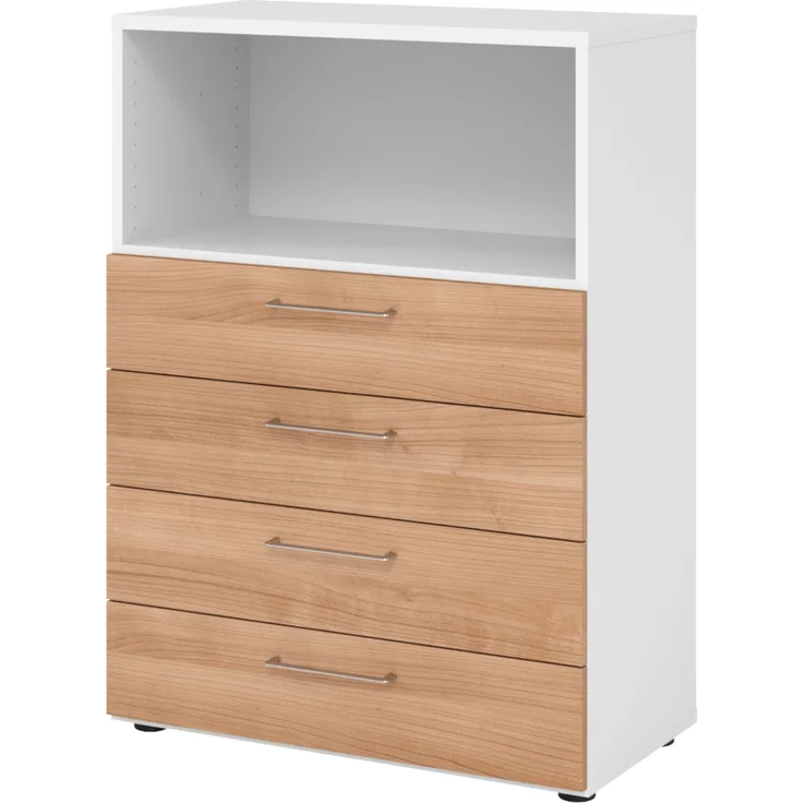 bümö smart Schubladenschrank, Büroschrank 80cm breit in Weiß/Nussbaum mit 4 Schüben & 1 Regalfach - Bürocontainer aus Holz, Container mit Metallgriffen & Soft-Stop Schubladen, 938S4-W-N-BS