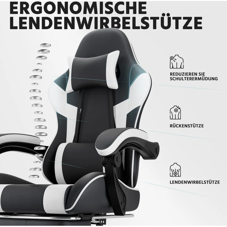 Gamingstuhl aus PVC mit verstellbarer Rückenlehne, Fußstützen und Rollen, 58,5x63x120,5 cm, Schwarz/Weiß – Bild 6