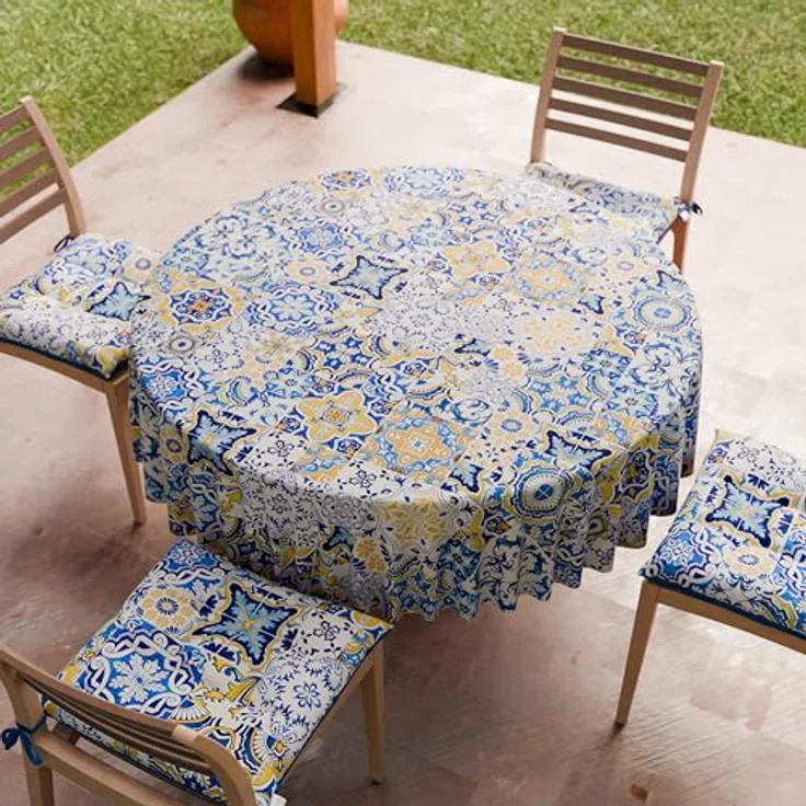 PETTI Artigiani Italiani - Schmutzabweisende runde Tischdecke aus Mikrofaser (Durchmesser 220 cm), Küchentischabdeckung für runden Tisch, Design Vietri 02, Blau, 100% Made in Italy – Bild 3