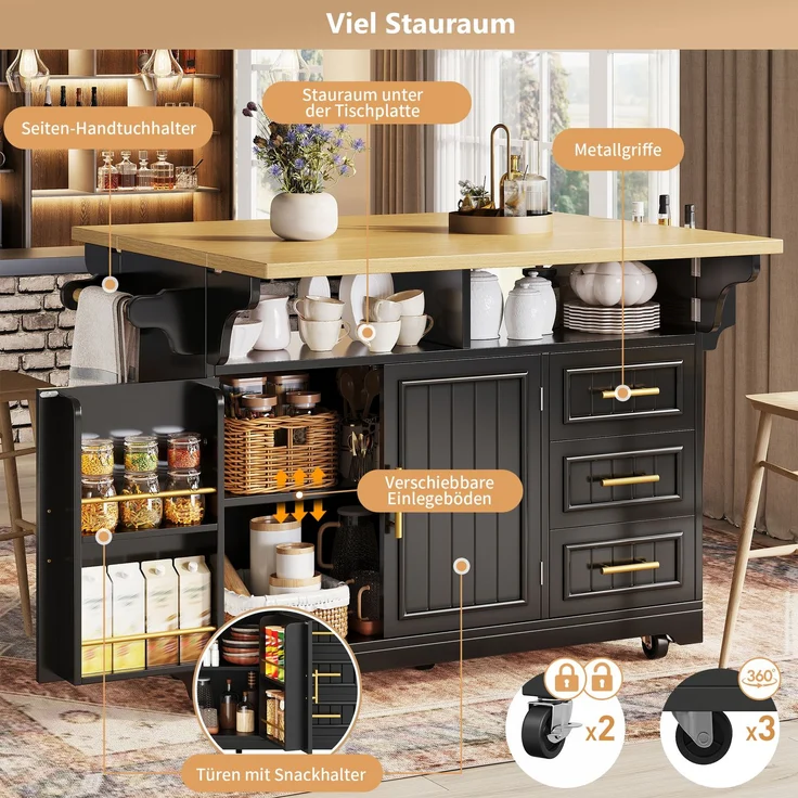 Abrihome Multifunktionale Kücheninsel Küchenbuffet Sideboard, Schwarz, auf Rollen, Esstisch-Erweiterung – Bild 7