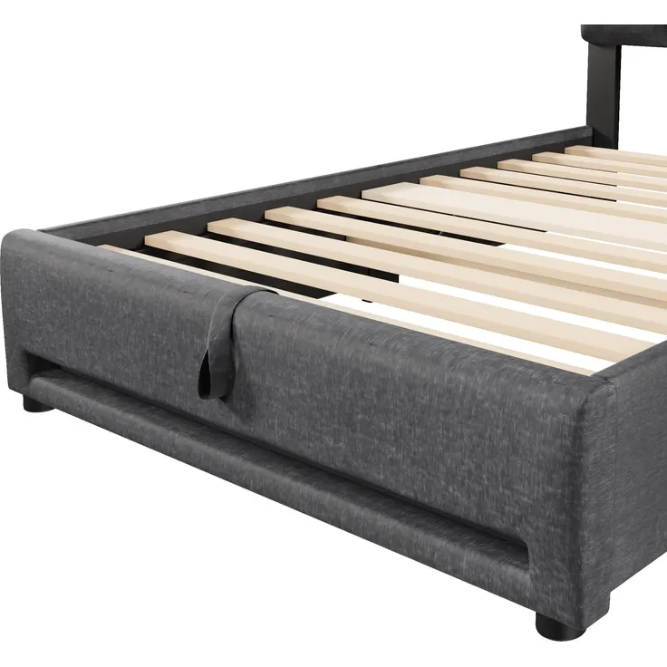 Softweary Polsterbett, 90x200 cm, mit LED-Beleuchtung, USB Anschlüssen und Stauraum, Leinen grau – Bild 9