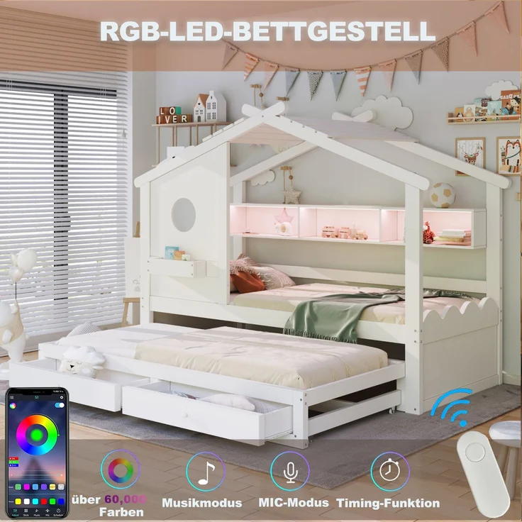 Merax Kinderbett, Jugendbett, 90x200cm, mit Ausziehbett 90x190cm, mit 2 Schubladen, mit USB- und Typ-C-Ladeanschlüssen und LED, mit Einlegeböden, Weiß – Bild 2