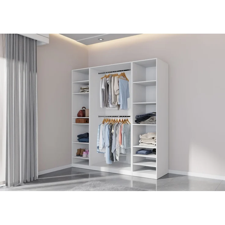 Marmex Möbel TRES SET G(B) Garderobenschrank-Set, Einbaukleiderschrank ohne Türen, Kleiderschrank mit Ablagen, Kleiderstangen, laminierte Spanplatte, weiß, 200x206x51 cm – Bild 1