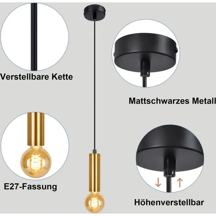 Nettlife Hängeleuchte Gold 1 Flammig Esszimmerlampe E27 Metall Industrial Pendelleuchte, Höhenverstellbar, ohne Leuchtmittel, Bettlampe Nachttisch Hängend Küchenlampe für Schlafzimmer Flur – Bild 4