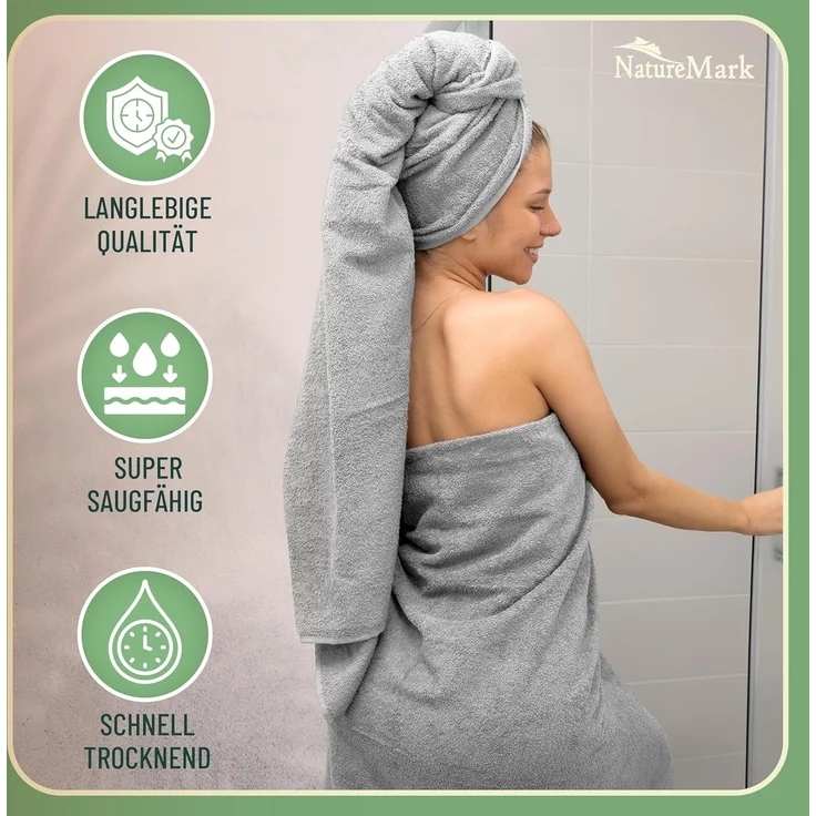 Green Mark Handtuch-Set mit 10 Teilen – 100% Baumwolle – 4 Handtücher 50×100 cm, 2 große Duschtücher 70×140 cm, 2 Gästetücher 30×50 cm und 2 Waschhandschuhe – Silbergrau – Bild 4