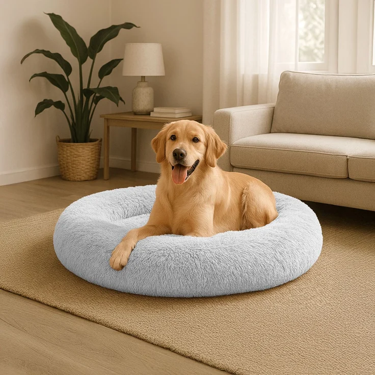 belviona Donut-Hundebett, kuscheliges Plüschbett mit weicher Füllung, sicherem Halt & ergonomischem Rand, 100 cm Durchmesser, hellgrau – Bild 1