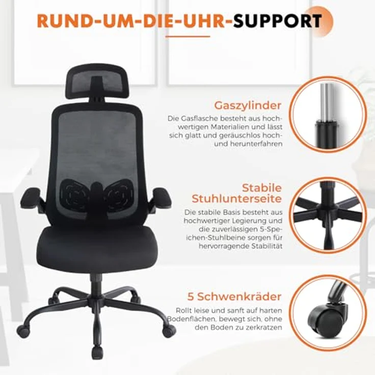 Sweetcrispy Ergonomischer Bürostuhl mit Kopfstütze & verstellbaren Armlehnen – höhenverstellbar, 360° drehbar, Gaming & Schreibtischstuhl für Homeoffice & Büro, Schwarz – Bild 8