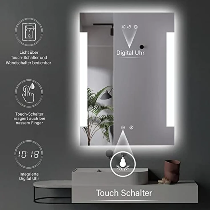 HOKO® Beleuchteter Kosmetikspiegel mit LED-Beleuchtung, mit Digitaluhr, beschlagfrei, 50 x 70 cm, Energieklasse A+ 016A – Bild 3