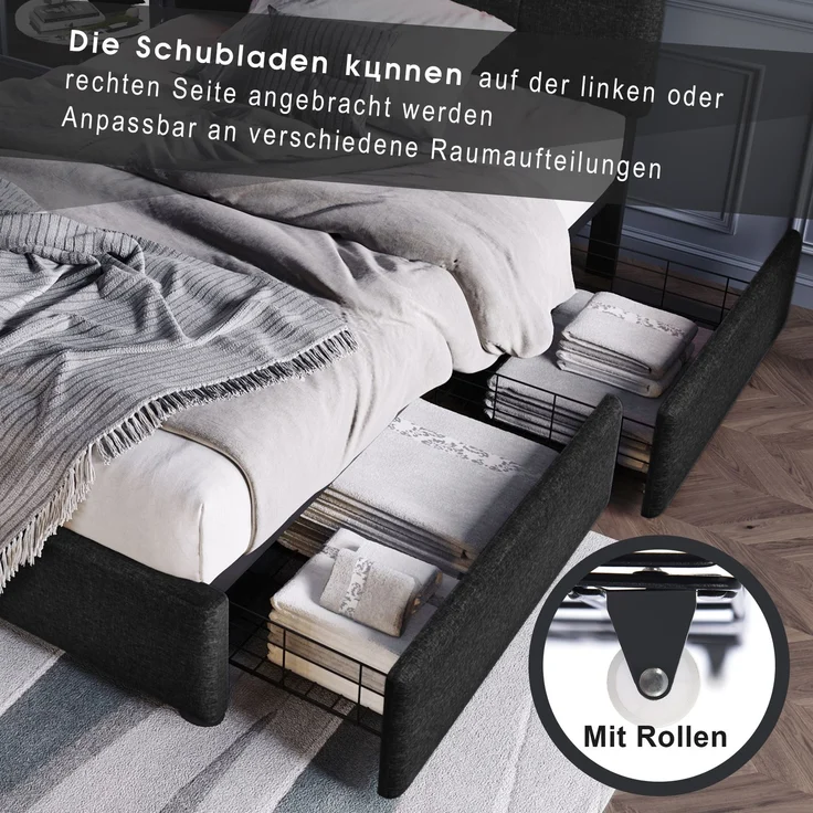 Einzelbett 90 × 200 cm mit LED-Beleuchtung, verstellbarem Kopfteil, 2 Schubladen, Leinenbezug in Schwarz, modernes Design – Bild 8