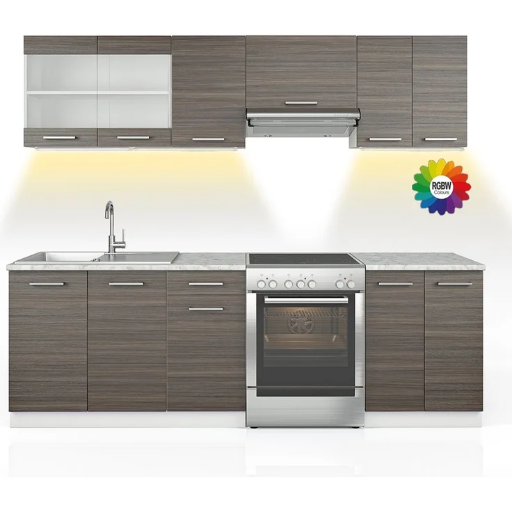 Küchenzeile R-Line Edelgrau/Weiß 240 cm, AP Marmor mit LED-Leisten Vicco – Bild 1