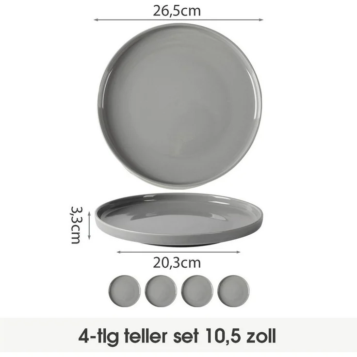 JIWOO Teller 4er Ø25cm, Frühstücksteller Salatteller Steakteller Dessertteller, (4 St), Keramik Tellerset Grau Mikrowellen spülmaschinenfest Ø26,5 cm – Bild 1