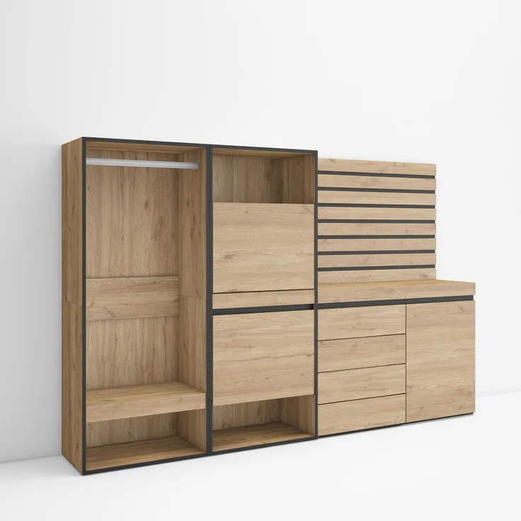 Skraut Home | Schuhregal, Schuhschrank | Schuhaufbewahrung | 227 x 145 x 35 cm | Für Schlafzimmer, Zimmer | Offener Kleiderschrank | Kommode mit Schubladen | Lamellenwand Holz | Moderner Stil | Eiche