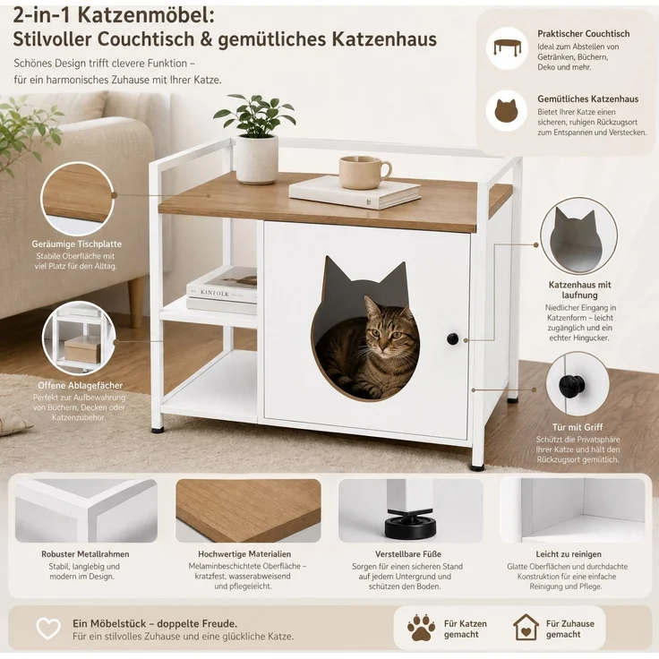 Katzentoilettenschrank mit Katzenhaus und 2 offenen Regalen, 76x54x59 cm, Weiß und helle Eiche – Bild 7