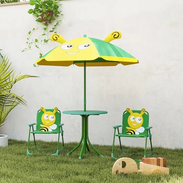 AIYAPLAY Garten-Kindersitzgruppe mit höhenverstellbarem Sonnenschirm, (Gartentisch, 2 Klappstühle, 4-tlg, Garten Kindersitzgarnitur), Bienen-Muster für 2-5 Jahre Kinder, Grün – Bild 10