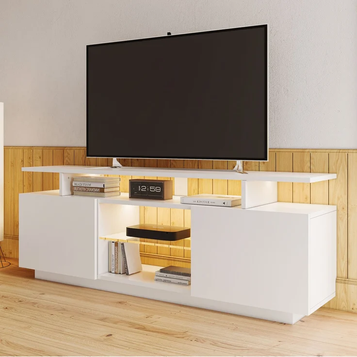 DESVIAE TV-Schrank mit 2 Türen und LED-Beleuchtung 140x55x35 cm Spanplatte Weiß – Bild 3