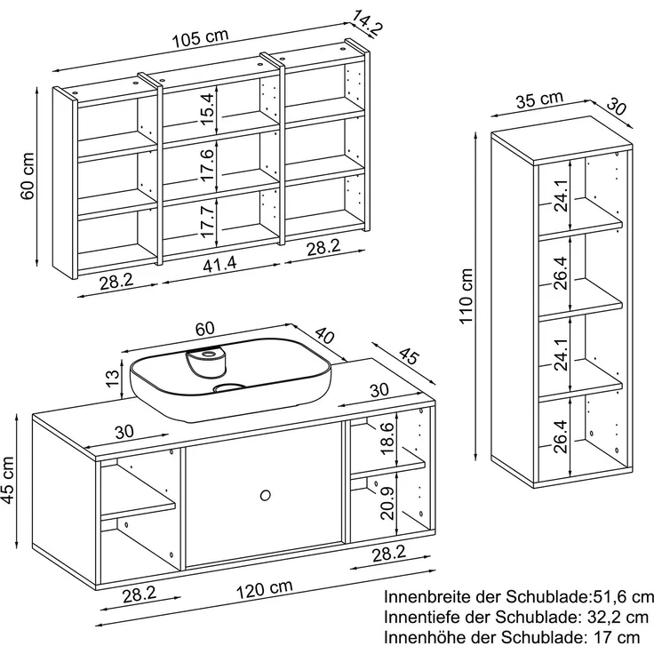 Roomart GUSTO-I-120 Badmöbel Set– 4-teiliges Badezimmermöbel Set - Waschbeckenunterschrank mit Keramikwaschbecken, Spiegelschrank & Hochschrank - H 45 x B 45 x T 120 cm • Eiche – Bild 6