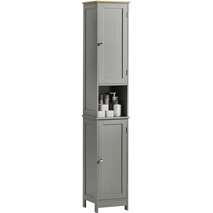 Bath Vida Priano Badezimmer Schrank Aufbewahrung Wandschrank Badschrank Freistehend Holzen Hochschrank, Grau, Regale – Bild 9