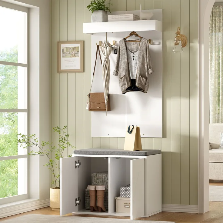 Garderoben-Set 60x35x(45+100) cm in Weiß, 3-in-1 mit Schuhschrank, Haken und Schuhbank