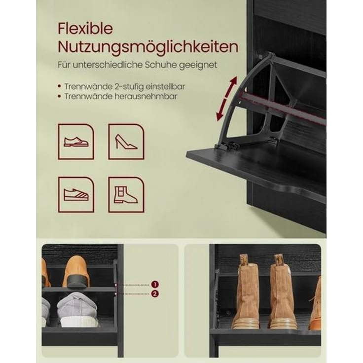 Vasagle Schuhschrank 3 Klappen, Schuhkipper, Schuhregal, Schuhaufbewahrung, offenes Fach, Trennwand verstellbar, für 14-18 Paar Schuhe, Flur, 24 x 60 x 139 cm, ebenholzschwarz LBCDE046B03 – Bild 5
