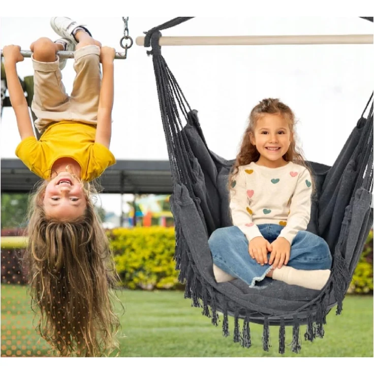 QLS Hängesessel 130x100 cm mit 2 Kissen bis 200 kg Graphit, Hängestuhl Boho-Stil 130 x 100 cm – Bild 9