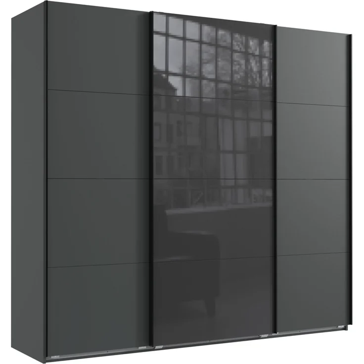 Schwebetürenschrank Kleiderschrank B225 cm H208 cm 3-trg. Grafit, 1x Tür Glas Grau – Bild 1