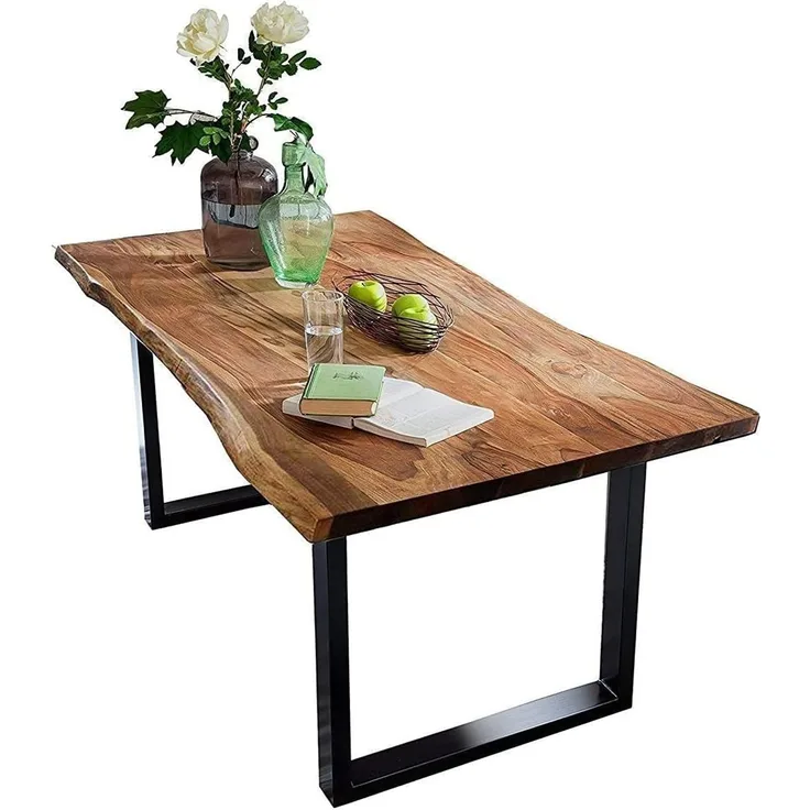 SAM Baumkantentisch 120x80 cm Quarto, Akazienholz massiv + nussbaumfarben lackiert, Esstisch mit schwarz lackiertem U-Gestell, Esszimmertisch/Holztisch im Industrial-Design, Tischplatte 26 mm