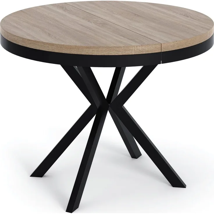 WFL GROUP Esstisch Ross ausziehbar rund industrial mit schwarzen Metallbeinen (MADE IN EU, erhältlich in 3 Größen – 90/100/120 cm ausziehbar auf 170/180/200 cm), platzsparender Tisch in Holzoptik für Küche, Esszimmer oder Wohnzimmer