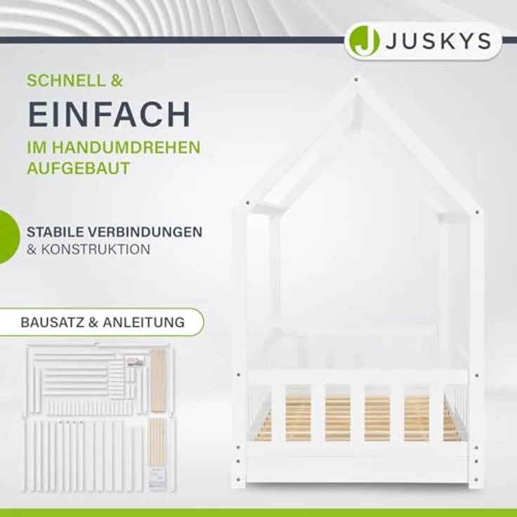 Juskys Kinderbett Marli 90 x 200 cm mit Matratze, Rausfallschutz, Lattenrost & Dach - Massivholz Hausbett für Kinder - Bett in Weiß – Bild 5