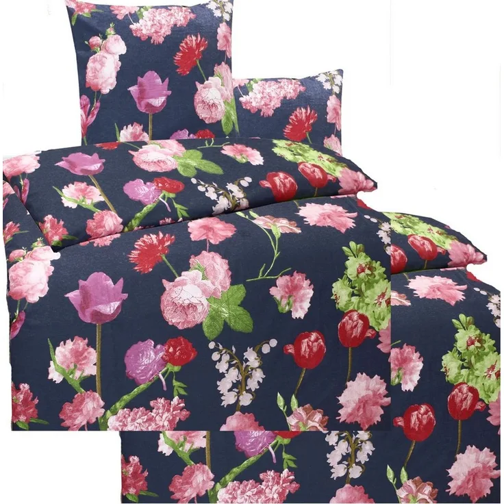 KH-Haushaltshandel Bettwäsche 4-tlg. Biber Winter Bettwäsche 2x(135 x 200 + 80x80 cm), Blüten, Biber, 4 teilig, dunkelgrau, flauschig weich, warm, 100% Baumwolle