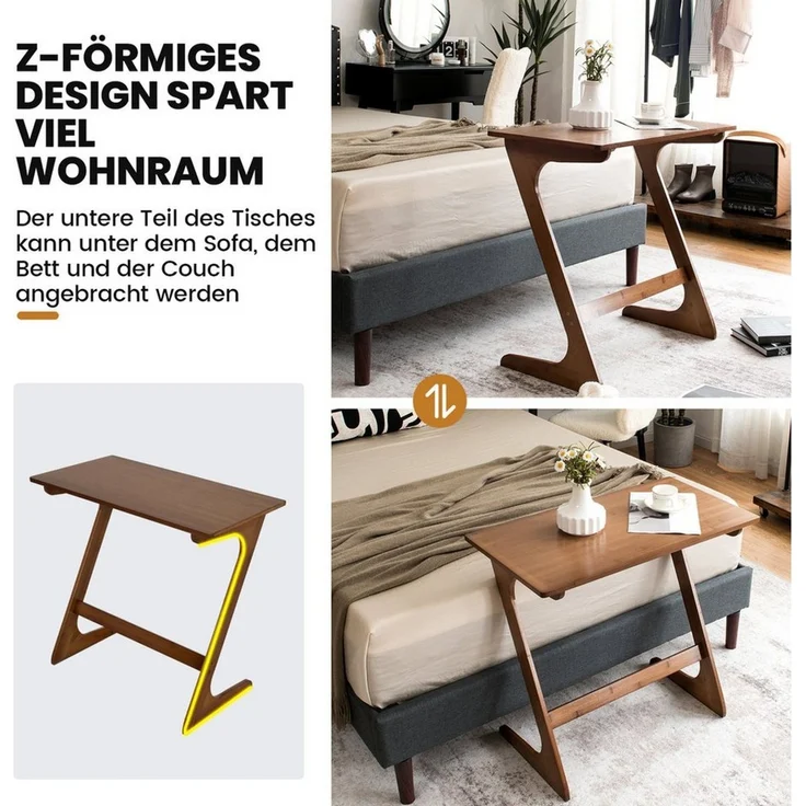 COSTWAY Beistelltisch, Z-förmiger Sofatisch Bambus, Betttsich 75 x 40 x 70 cm – Bild 2
