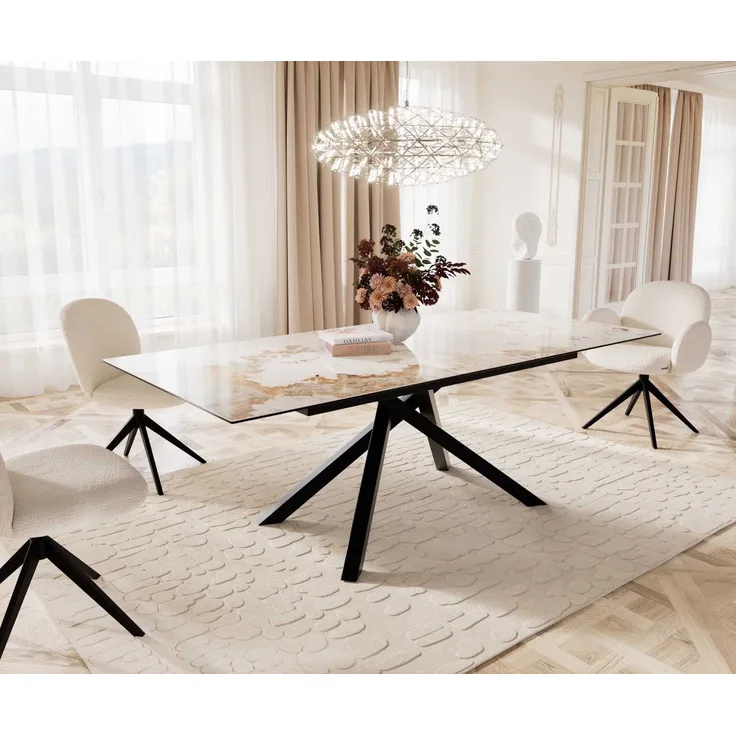 Esstisch Edge 180-220x100 Keramik Minas Melange Weiß-Beige Kreuzgestell Rechteck Schwarz ausziehbar