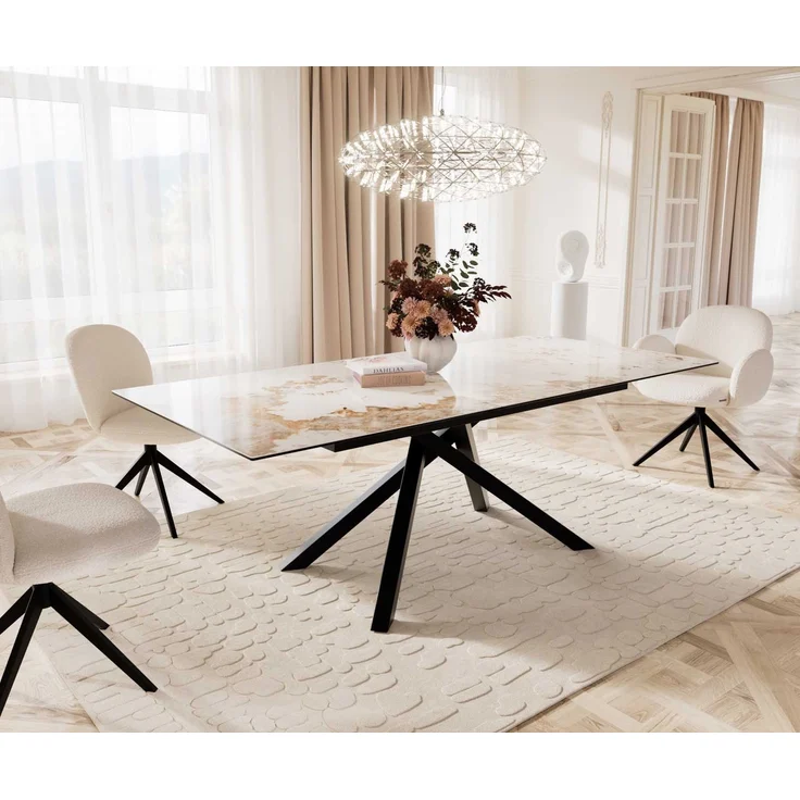 Esstisch Edge 180-220x100 Keramik Minas Melange Weiß-Beige Kreuzgestell Rechteck Schwarz ausziehbar