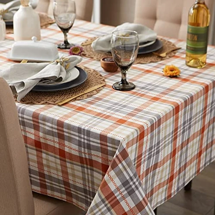 DII Herbstnachmittag Bauernhaus Küche Thanksgiving & Herbst Dekor für Zuhause, Tischdecke, 60 x 120 cm, Kürbiskariert, Orange und Grau – Bild 4