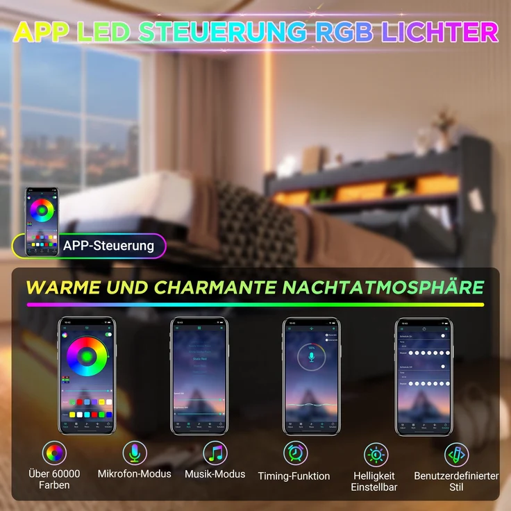 Polsterbett Einzelbett Leinen, mit 360° Musik-LED & 4-fach Ladestation inkl. Matratze, 90x200 cm, Grau – Bild 8