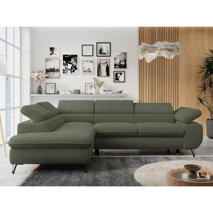 Mks Möbel 'Peter L-form' Ecksofa mit Bettfunktion, Bettkasten & einstellbaren Kopfstützen, Grün, Boucle, links – Bild 1
