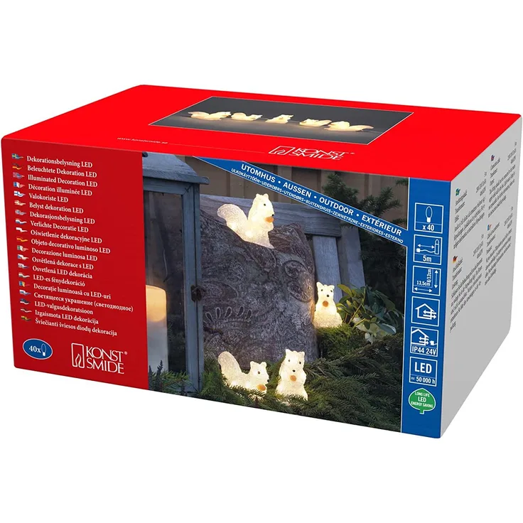 LED Lichterkette Acryl Eichhörnchen - 5 Leuchtfiguren - 40 warmweiße LED - Trafo - für Außen