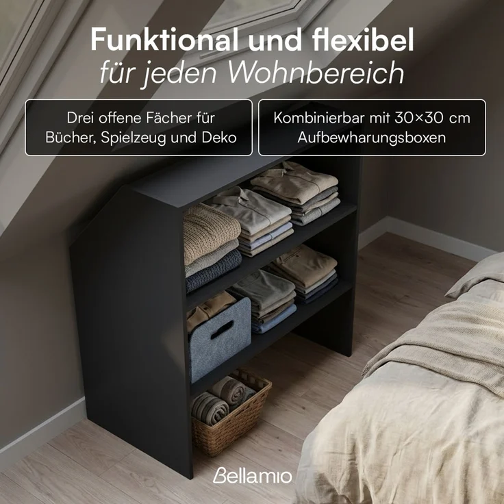 Bellamio 'Aland' Dachschrägenregal, schwarz, 100x50x90 cm, Regal für Dachschräge mit 3 Fächern – Bild 3