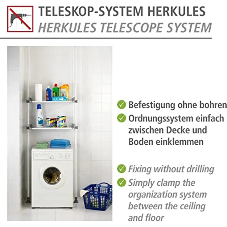 WENKO Teleskopregal Modell Herkules Twin, Set, 2 Trägerstangen, 2 verstellbare Ablagen, ideal für Bad & Abstellkammer – Bild 5