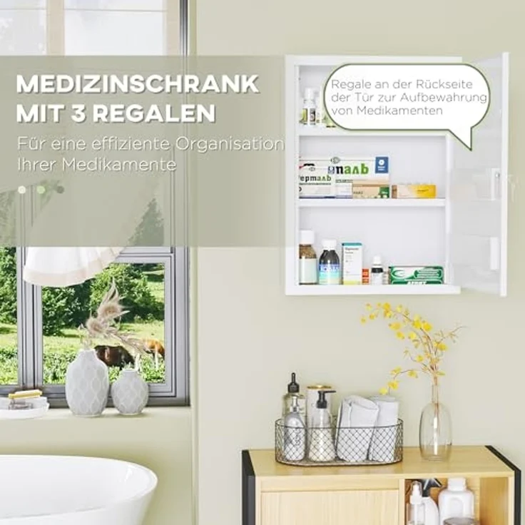 Kleankin Medizinschrank Apothekerschrank mit 3 Fächern 2 Schlüsseln (Erste Hilfe Schrank, 1-St, Medikamentenschrank) Stahl, Weiß, 40 x 15 x 53,5 cm – Bild 5