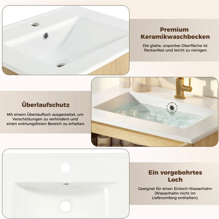 Badunterschrank 61 x 47 x 89 cm mit Keramikwaschbecken, Rattantüren und Stauraum – Bild 6